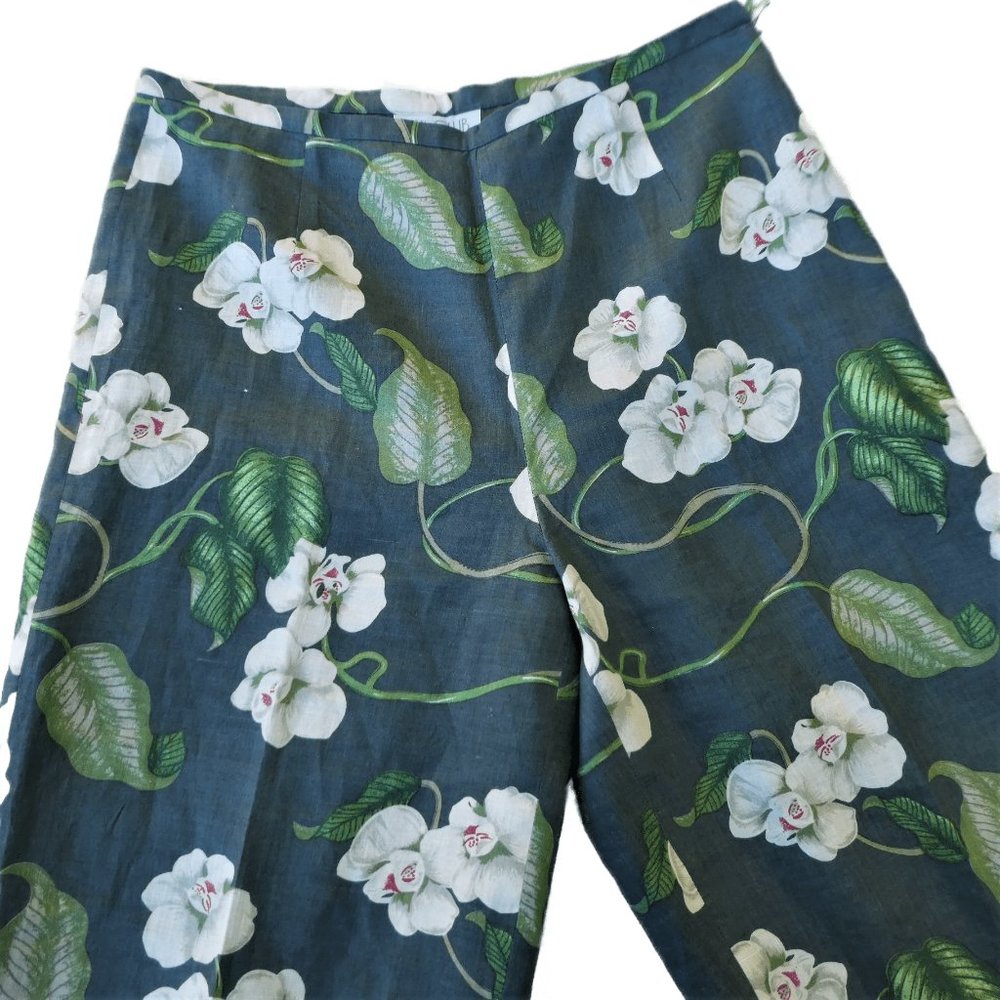LiNeN Grey Trouser Pants Floral Orchids Satin Lined Side Zip High Waist Wide 12